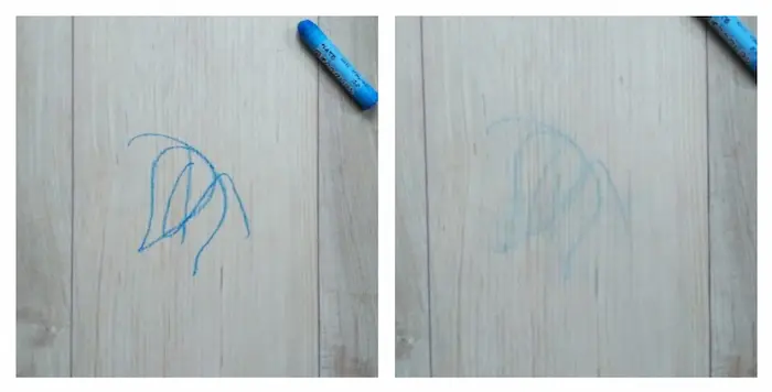 クレヨンのフローリング汚れを乾拭きした写真