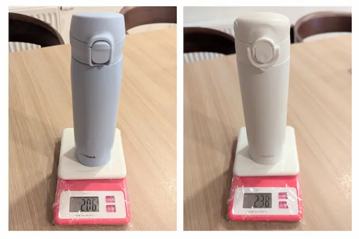 タイガー水筒「MKR-W050」とサーモス「JOK」の重さの比較