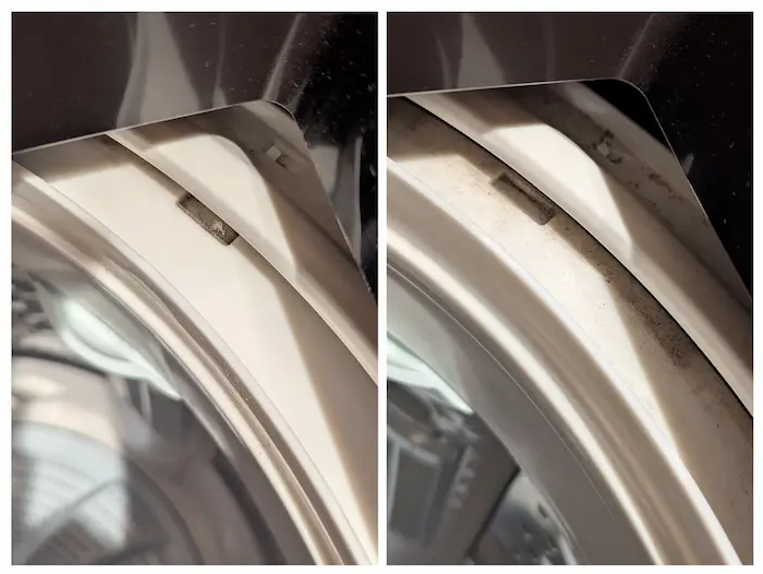 セリア「洗濯機お掃除スリムブラシ」で掃除したビフォー＆アフター（左が掃除後、右が掃除前）