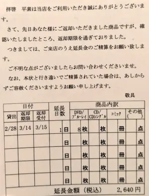 ゲオからきた延滞金連絡のはがき